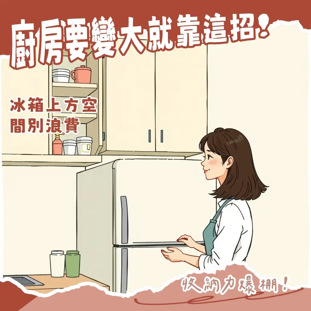 廚房冰箱上方收納櫃的設計圖與多種應用情境，展示如何有效利用垂直空間增加儲物容量。