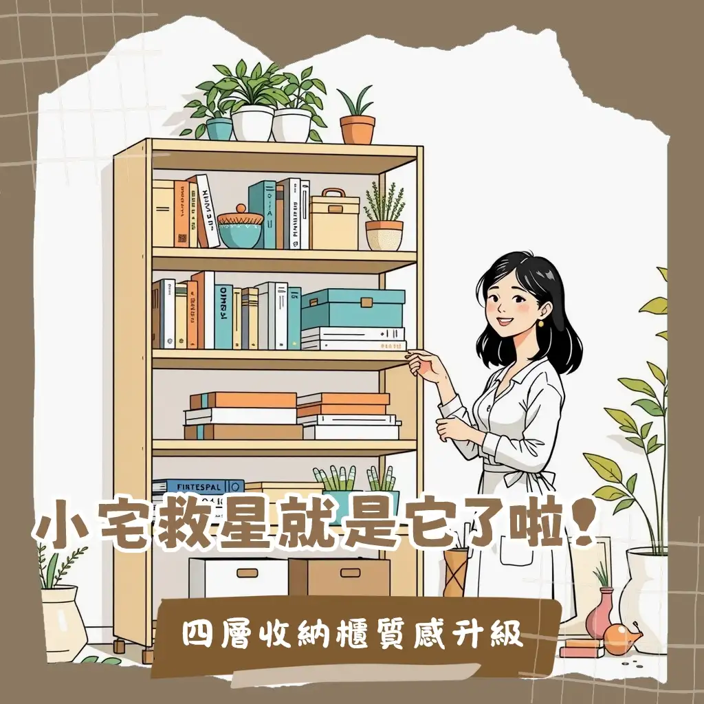 一張擺滿書籍和療癒小物的木製四層收納櫃，展現居家空間的整潔與溫馨感，有效利用垂直空間。