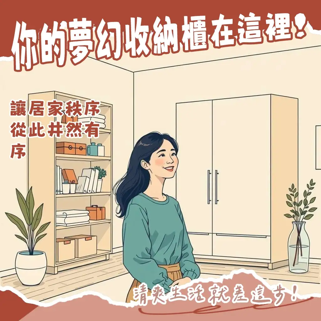 居家空間中不同種類的收納櫃，包括衣櫃、書櫃、鞋櫃等，搭配實用擺設，呈現居家收納與空間規劃的解決方案。