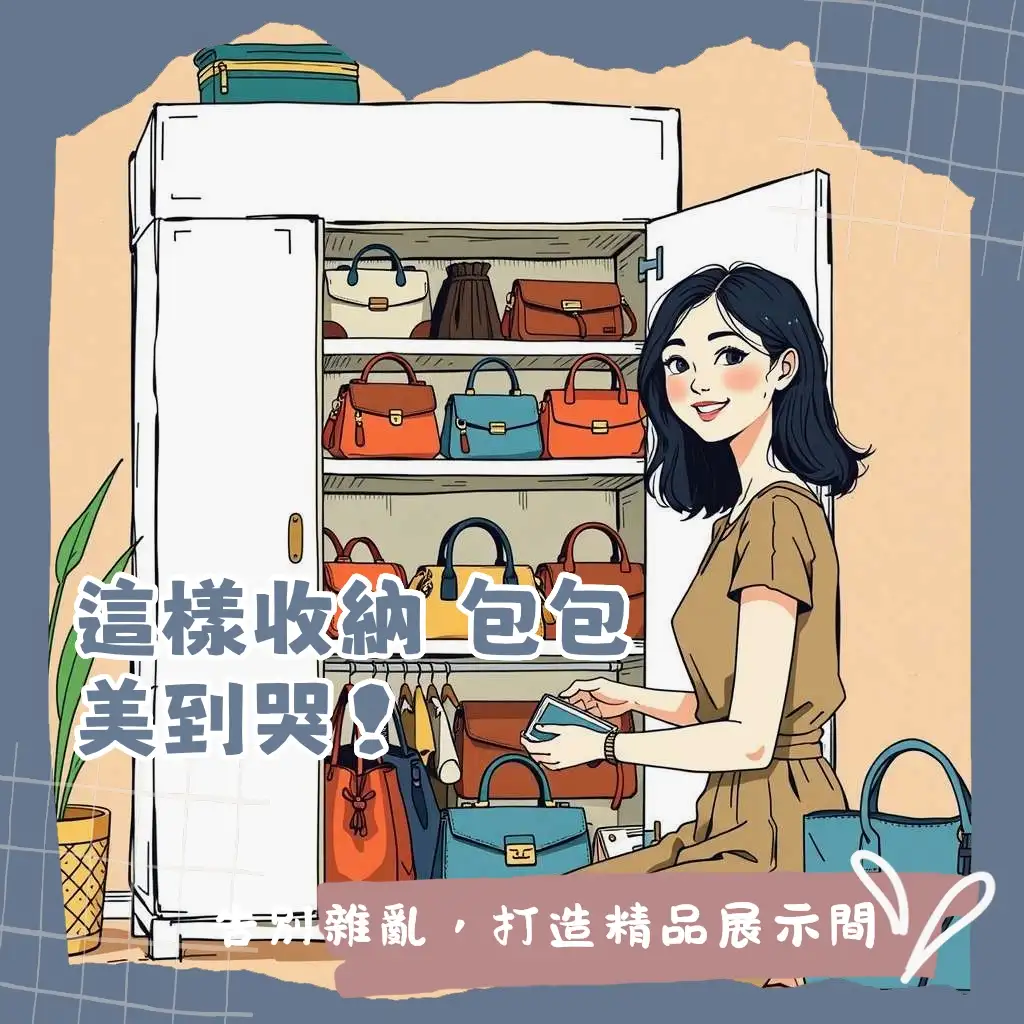 IKEA風格包包收納櫃，簡約模組化設計，提供多樣化層架、掛勾與收納盒選擇，有效管理包包，保持其形狀，讓居家空間整潔美觀。