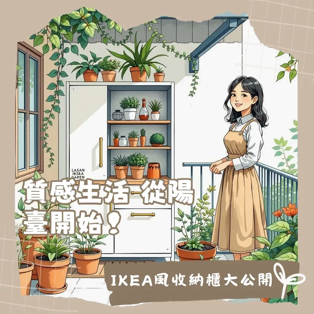 一個擺放於陽台的ikea風戶外收納櫃，櫃體線條簡約，內部收納著整齊的園藝工具與坐墊，展現陽台收納的實用與美觀。