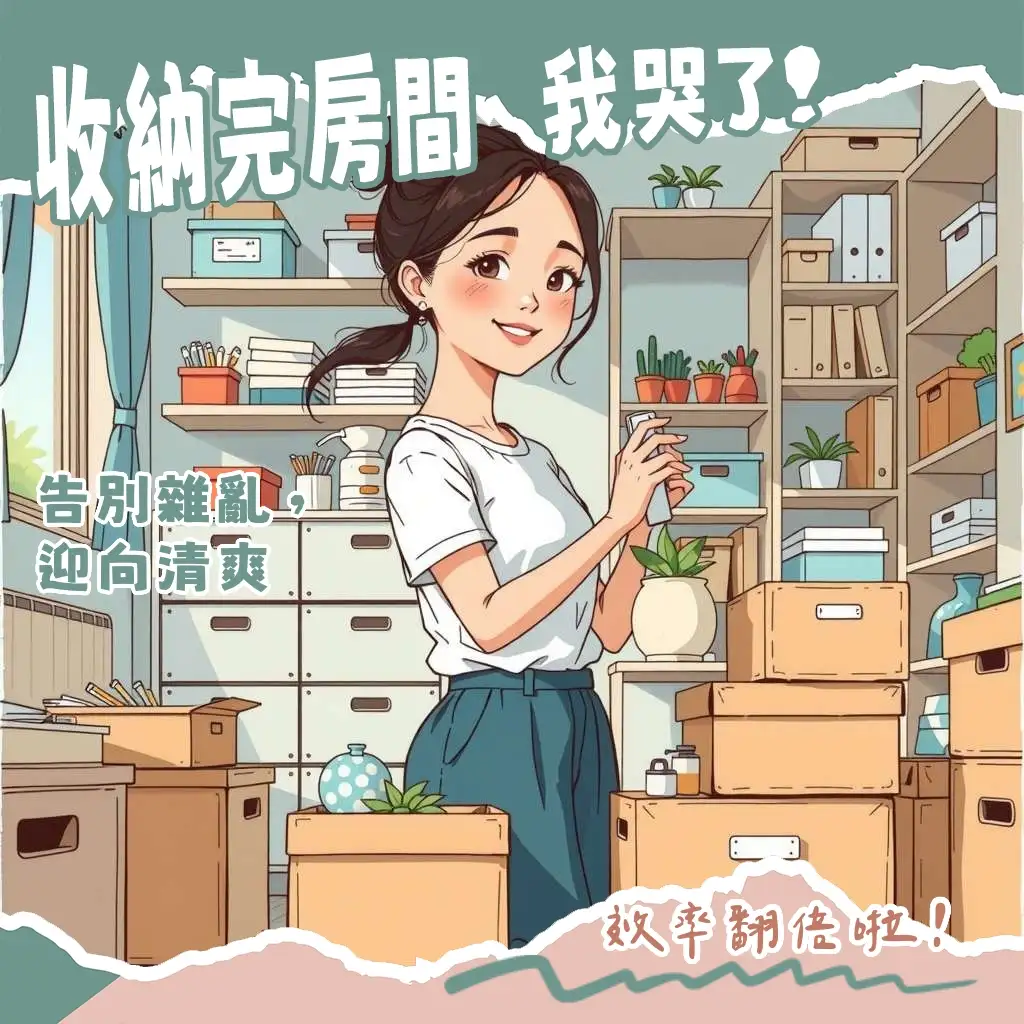 房間收納小物主題圖片，展示收納盒、分隔板、掛勾等整潔桌面與空間示意，提供實用指南。