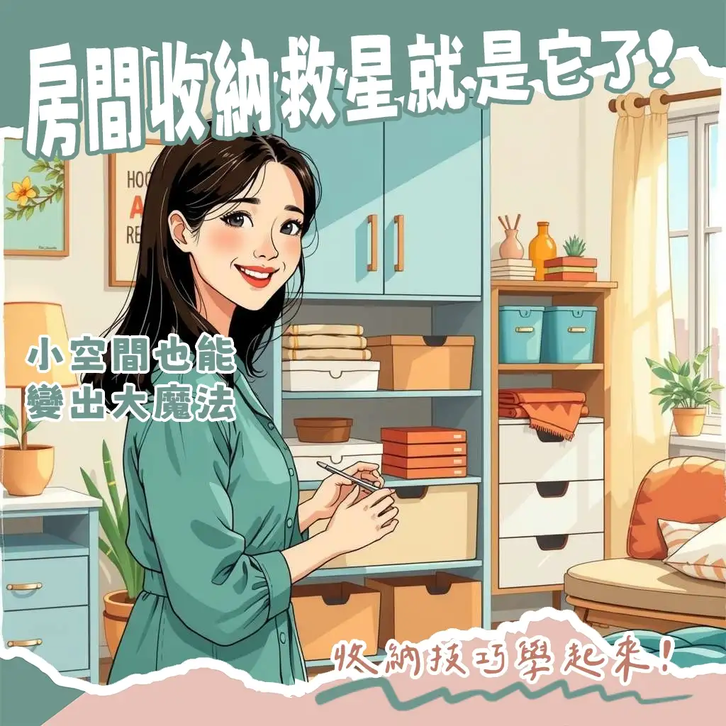 一張展示多款房間收納櫃的臥室圖片，包括衣櫃、書櫃和斗櫃，呈現整齊美觀的居家收納櫃規劃。