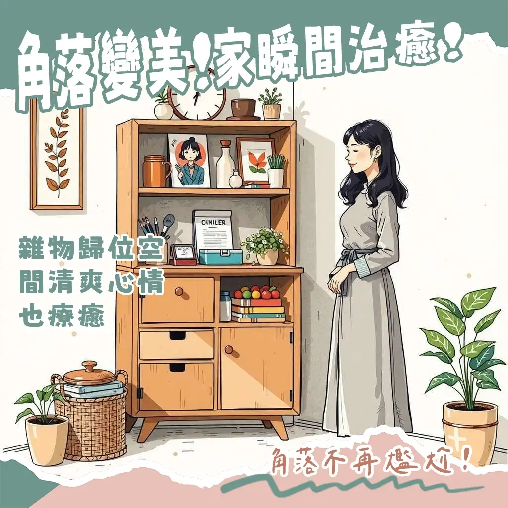溫暖色調的木質收納邊櫃，放置於客廳沙發旁，層架上擺放書籍與小盆栽，營造療癒又整潔的居家氛圍。