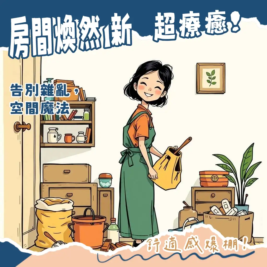 房間收納魔法秘訣圖，展現如何透過斷捨離、垂直收納與工具運用，打造整潔舒適的生活空間。
