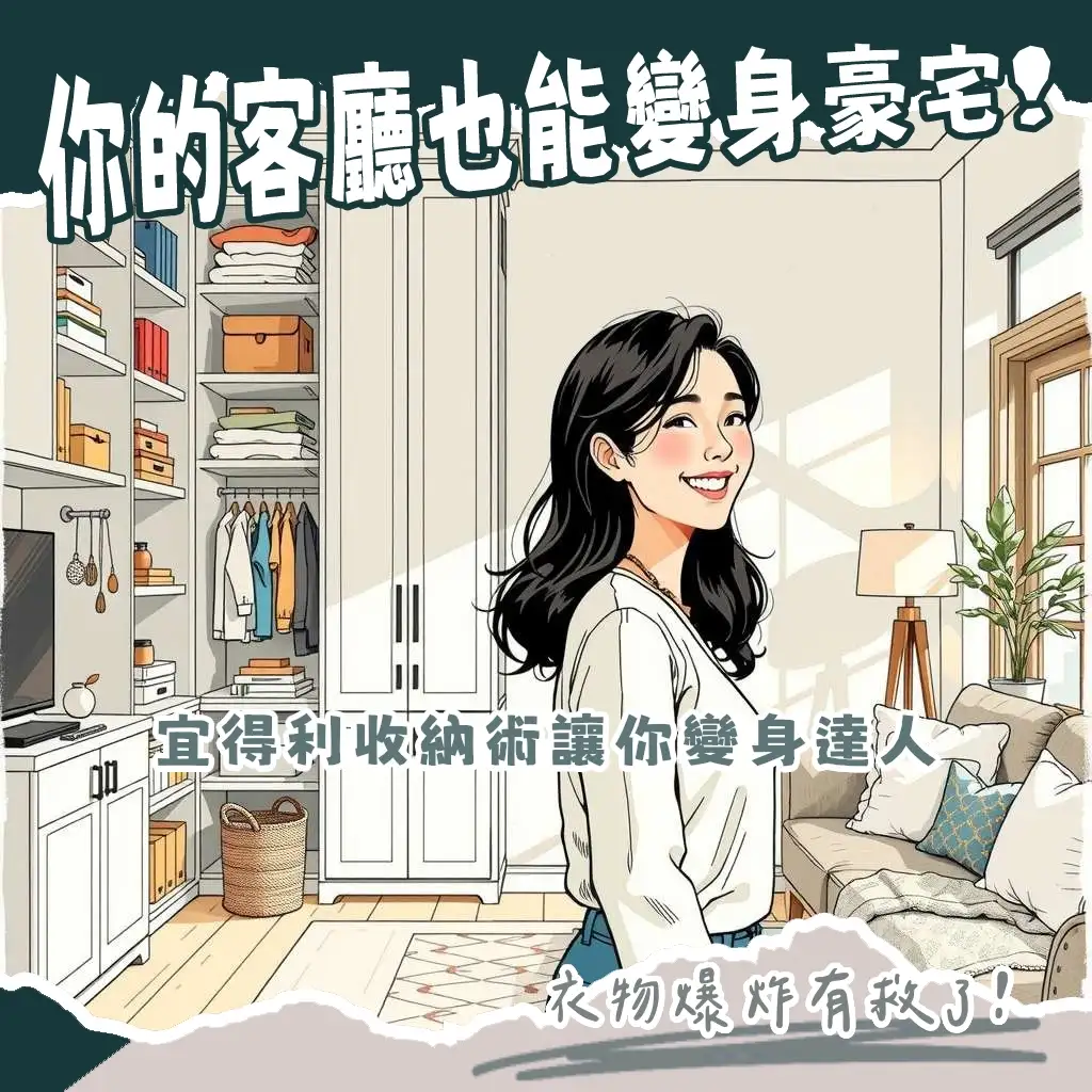 宜得利收納櫃居家佈置圖，展現日系簡約機能性家具的高效空間利用與高CP值。