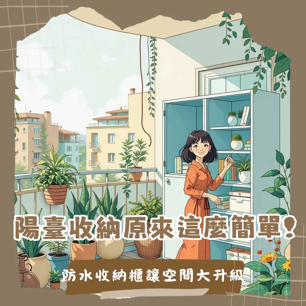 陽台防水收納櫃打造防潮耐候空間，選擇塑鋼或鋁合金收納櫃，收納園藝工具與生活雜物。