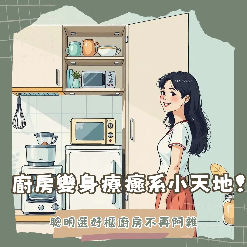 專為廚房設計的電器收納櫃，幫助烤箱微波爐等家電集中收納，保持檯面整潔並確保散熱空間。