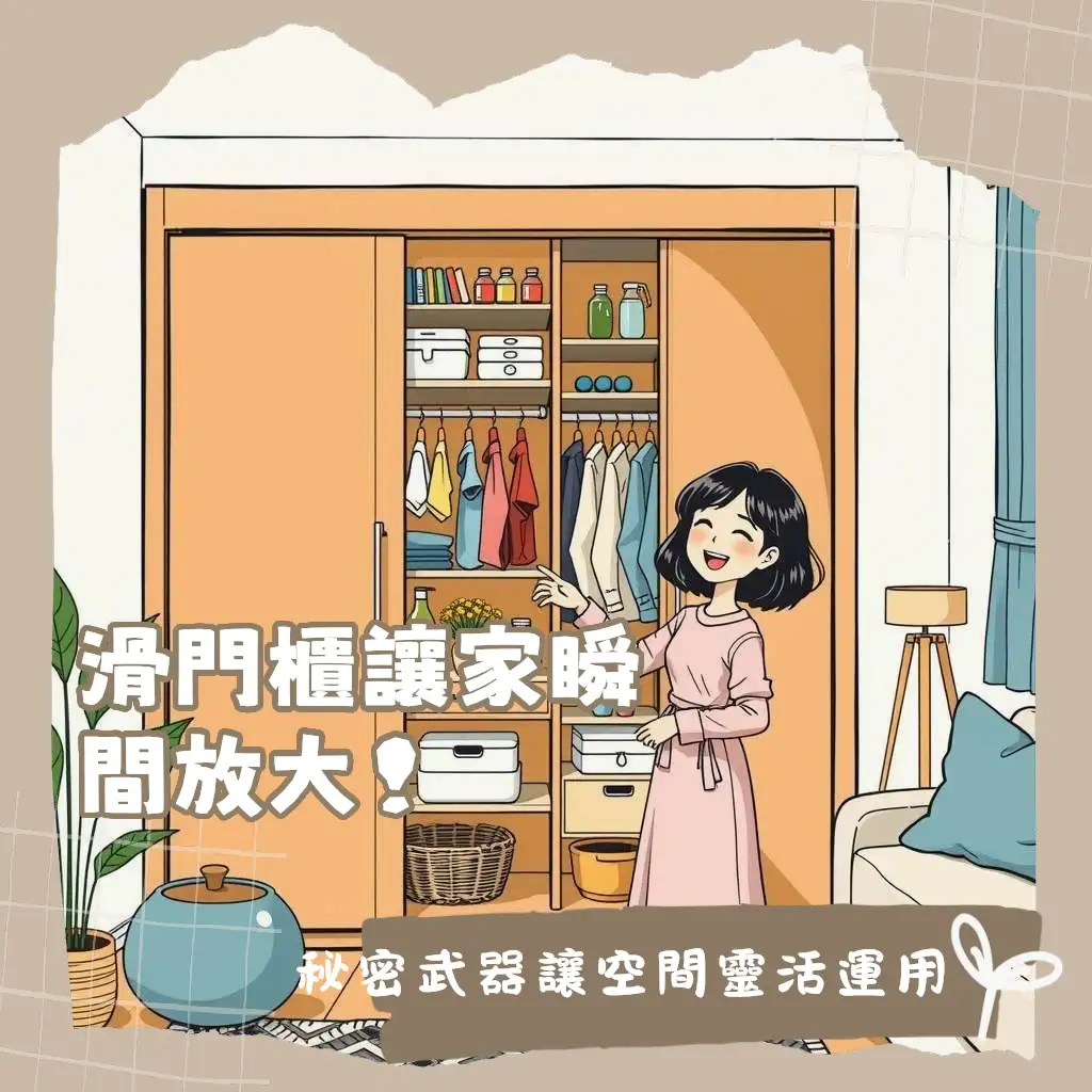 一張展示多種滑門收納櫃設計圖，包含客廳、臥室、書房等空間應用，以及櫃體內部收納配置的示意圖。