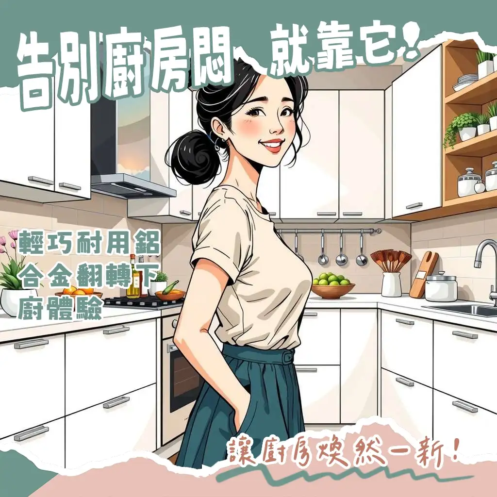 一張現代簡約風格的廚房，展示鋁合金廚房收納櫃的防潮、耐用與易清潔特性，提供收納解決方案的圖片。