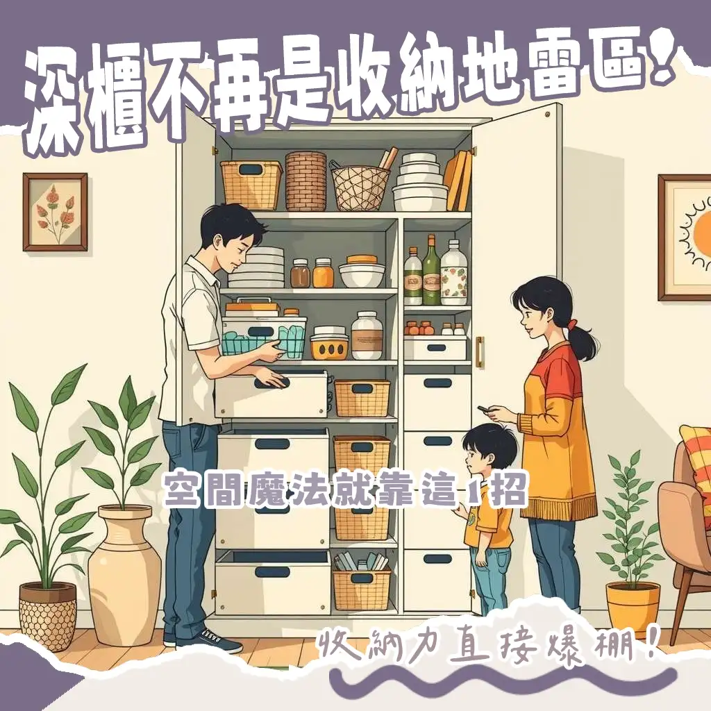 深60公分收納櫃的多功能應用，圖中展示寬敞櫃體內部的衣物、鍋具和儲物箱，透過抽屜和拉籃設計有效利用深空間。