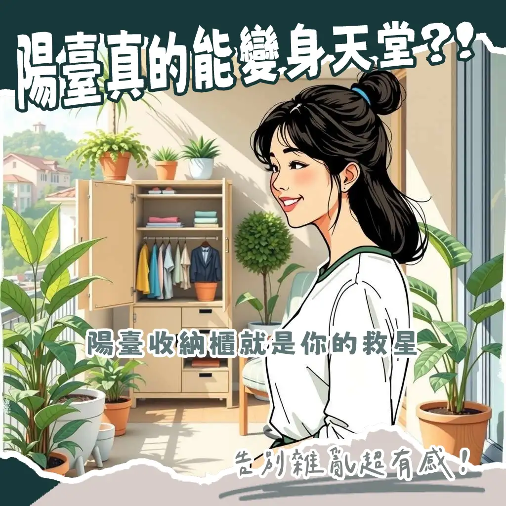 陽台收納櫃完美整合陽台雜物，搭配防腐木、塑鋼、鋁合金材質選擇，創造整潔美觀的陽台空間。