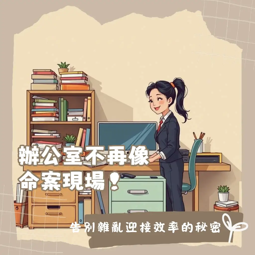 辦公室收納櫃種類與擺設示意圖，呈現文件櫃、抽屜櫃、矮櫃、高櫃及活動櫃的實用收納方案。