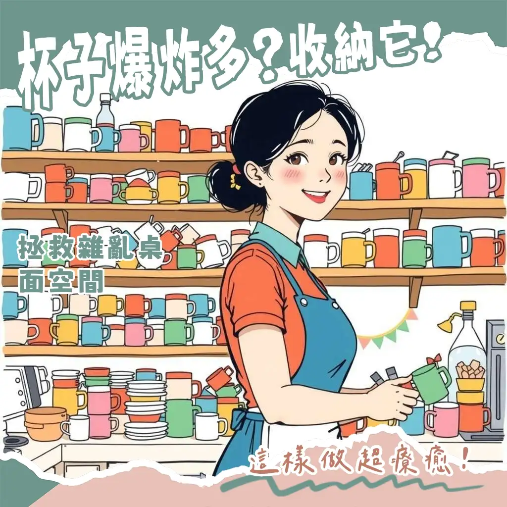 各式馬克杯整齊擺放於木質、金屬或玻璃馬克杯收納櫃中，展示不同收納櫃的設計類型與馬克杯的空間利用技巧。