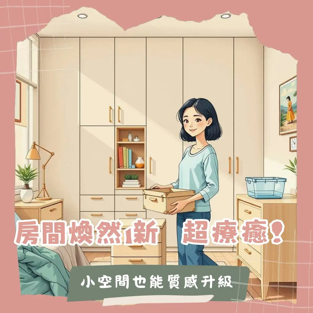 房間佈置簡約風格的臥室，以淺色系為主，搭配簡潔家具與隱藏式收納，營造整潔寬敞的療癒氛圍。