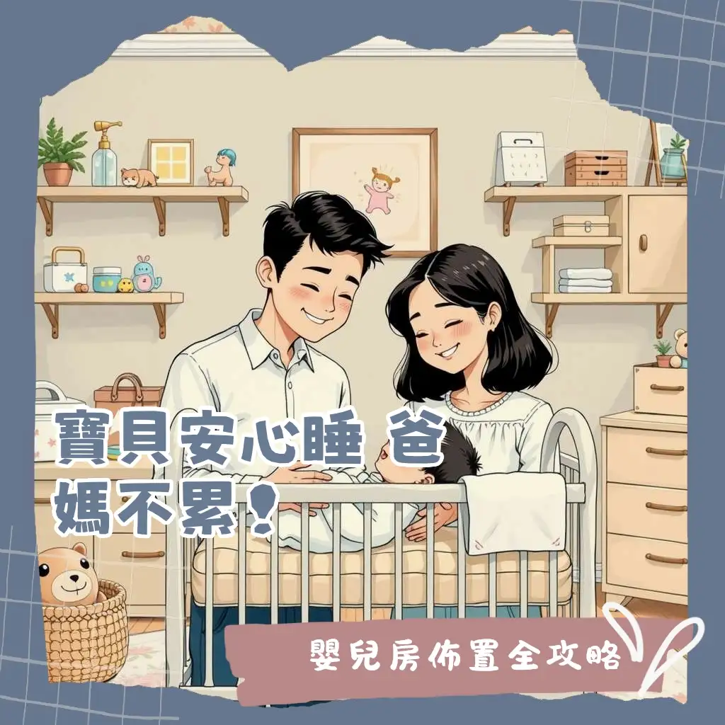 嬰兒房佈置圖，展現溫馨柔和色調、安全嬰兒床與充足收納空間，新手爸媽佈置攻略