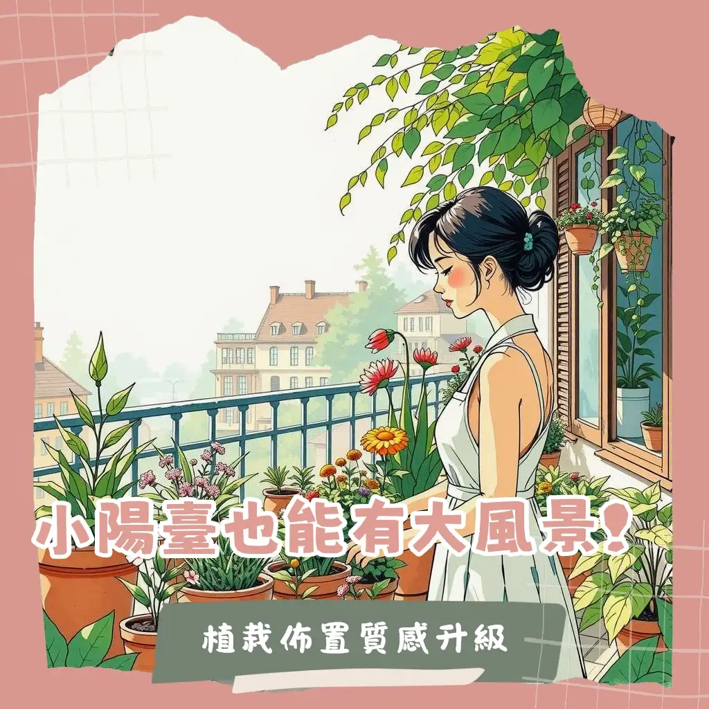 陽台植物佈置示範圖,多種盆栽與花架營造綠意空間,展現居家療癒氛圍。