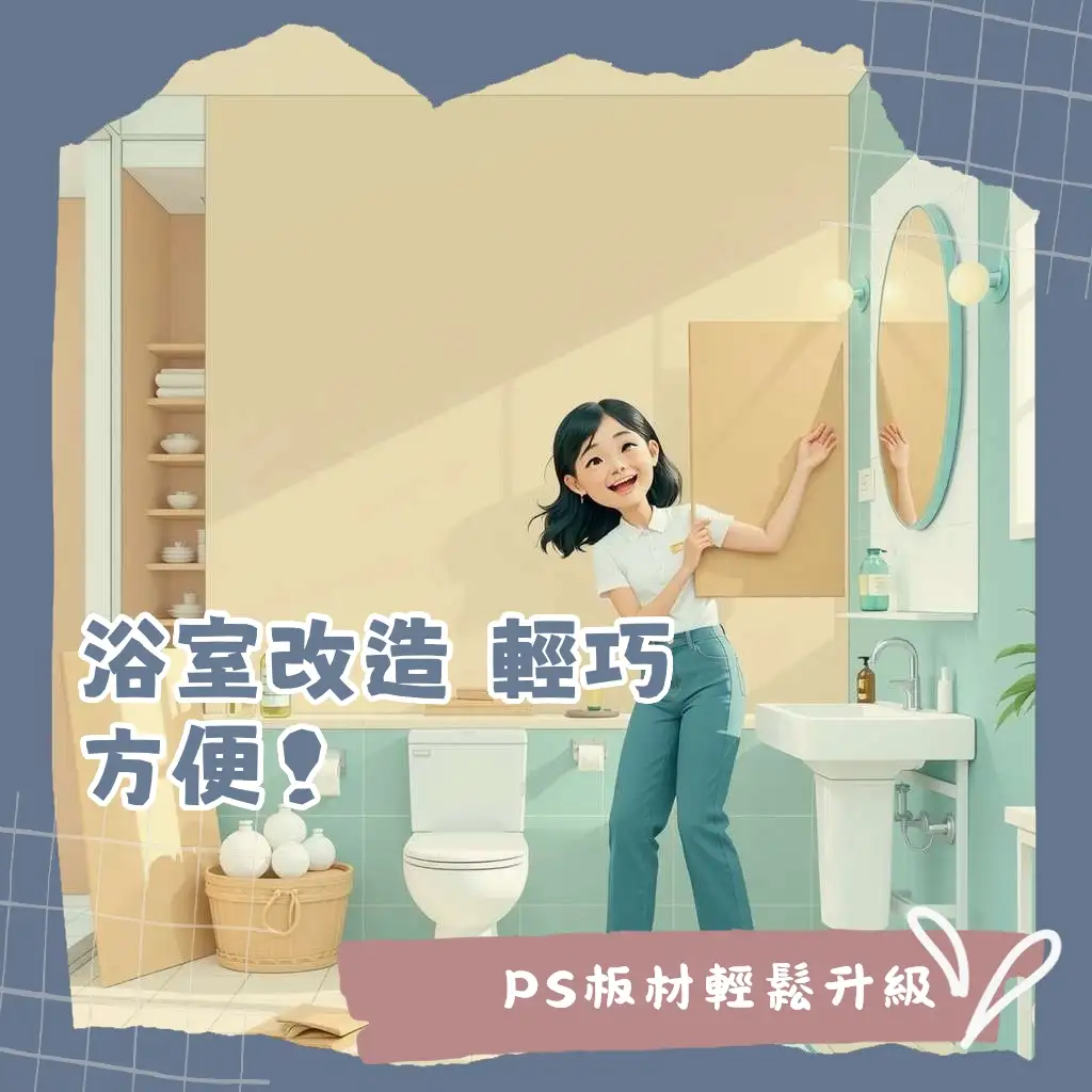 浴室PS板應用情境圖，展示其輕量、防潮的建材特性與浴室天花板、隔間牆、淋浴門的多元用途。