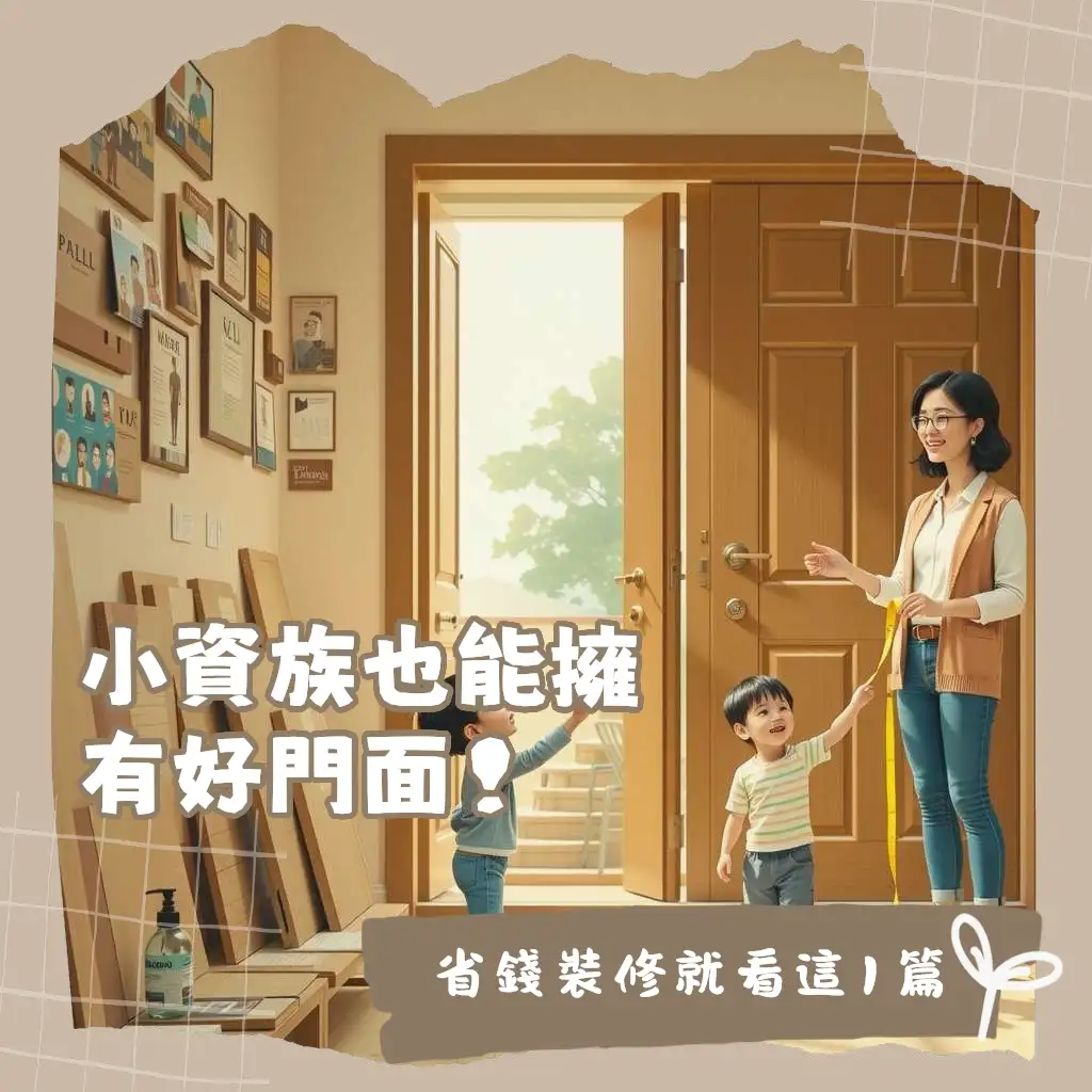 房間木門價格影響因素解析圖，包含實木門、複合木門、空心門等材質比較，以及門把、門鎖、鉸鏈等五金配件說明。