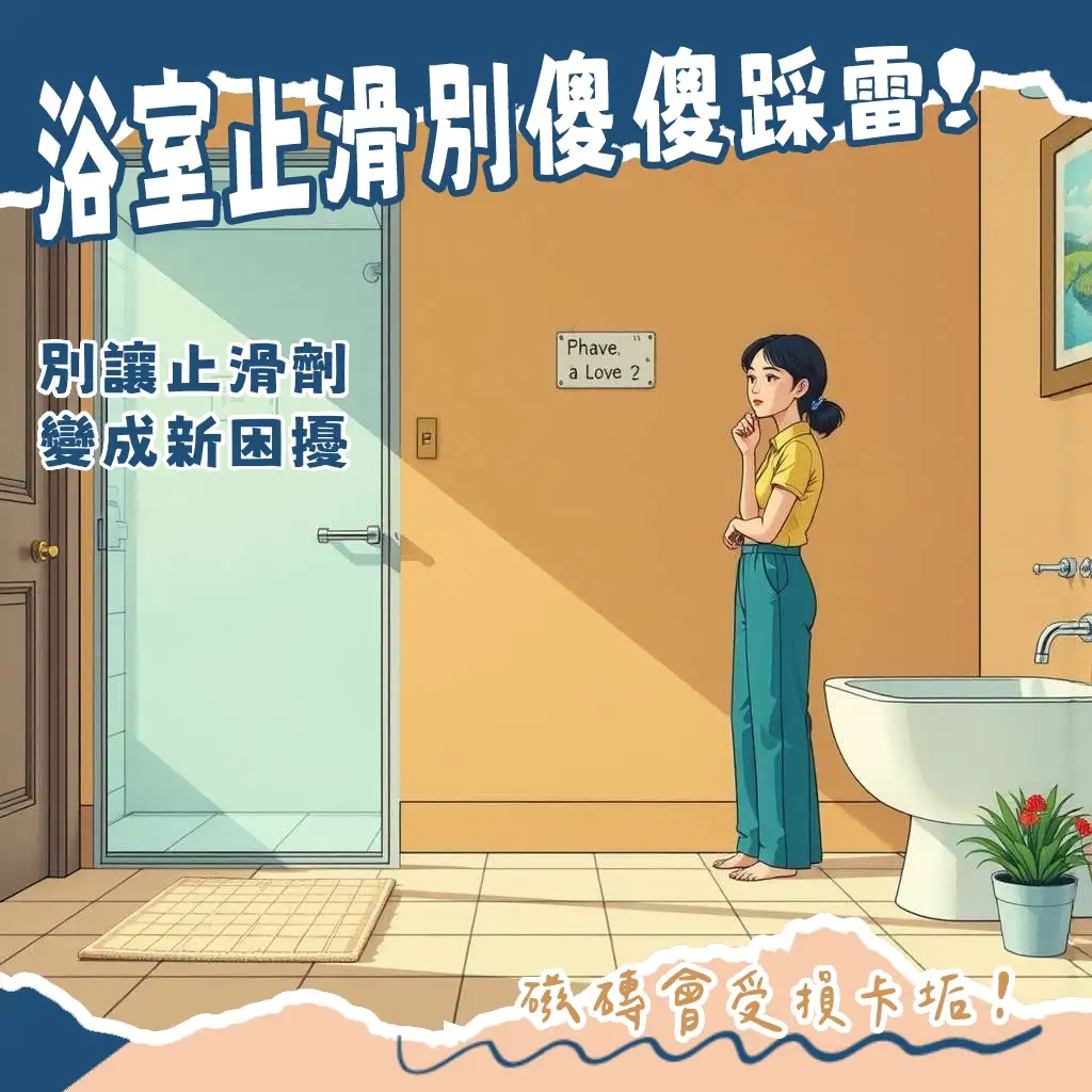 浴室止滑劑缺點分析圖，展示止滑劑效果時效性、對磁磚影響、施工痕跡與化學成分潛在問題，助讀者全面了解。
