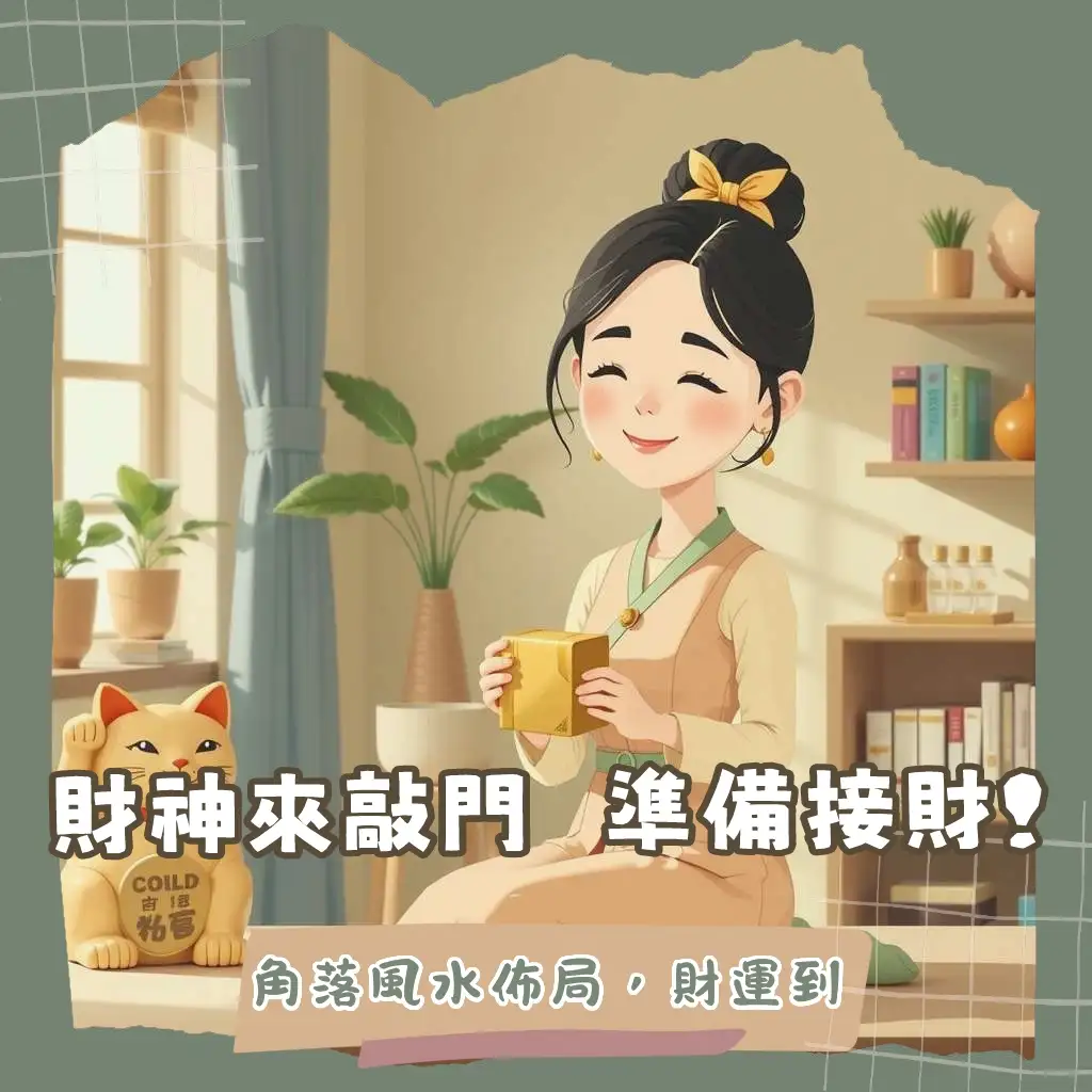 房間財位圖佈局示範，包含明財位判斷、招財物品擺設與禁忌化解