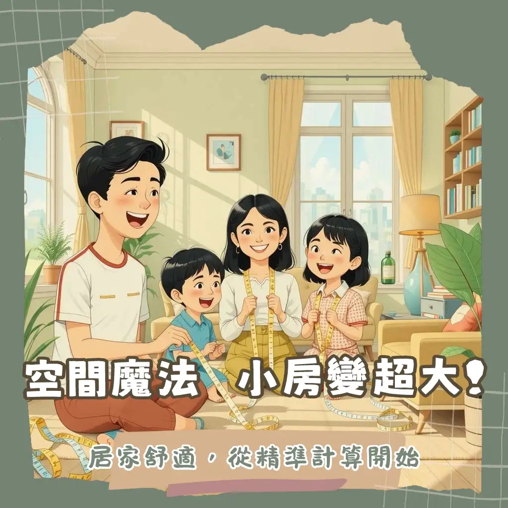 房間大小計算示意圖，展示捲尺測量長寬，以及坪數與平方公尺換算公式，助你精準規劃居家空間。