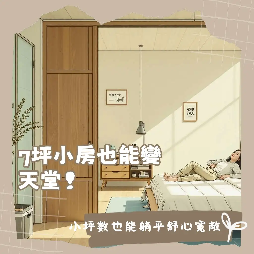 7坪主臥室空間規劃指南，包含King Size床、衣櫃、書桌與多功能區設計大綱圖。