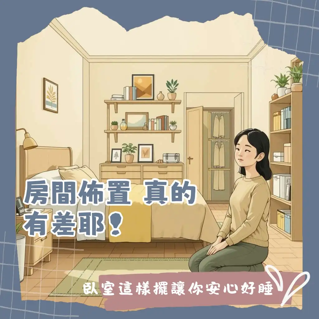 房間格局擺設示意圖，包含床位、衣櫃、書桌的配置，強調動線與收納規劃，營造舒適臥室空間。