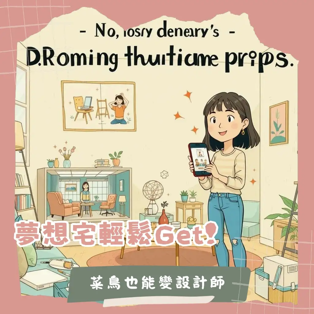 手機螢幕上顯示著房間設計App的3D模擬圖，展示著客廳的家具配置與佈局，桌上擺放著療癒小物。