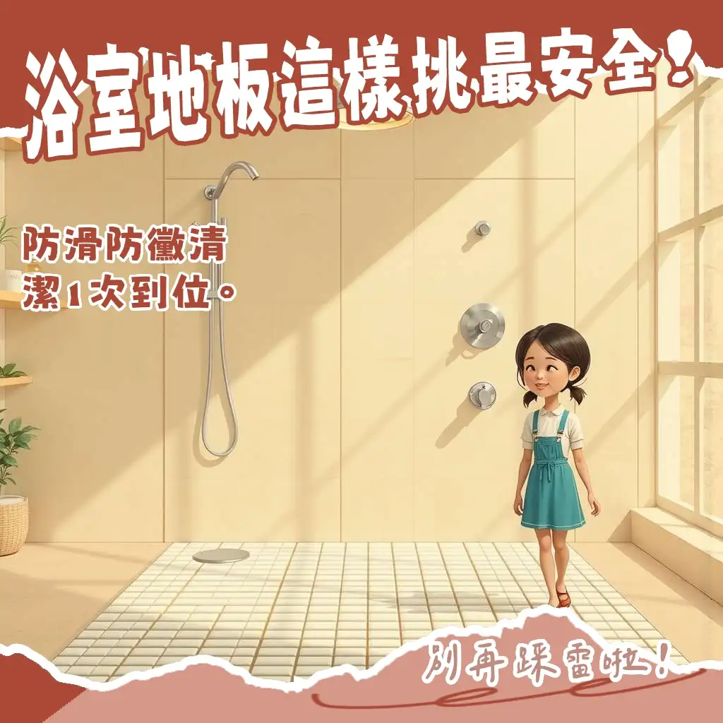 浴室地板磁磚挑選指南，涵蓋防滑係數、吸水率與清潔便利性等選購重點，確保浴室安全與美觀。
