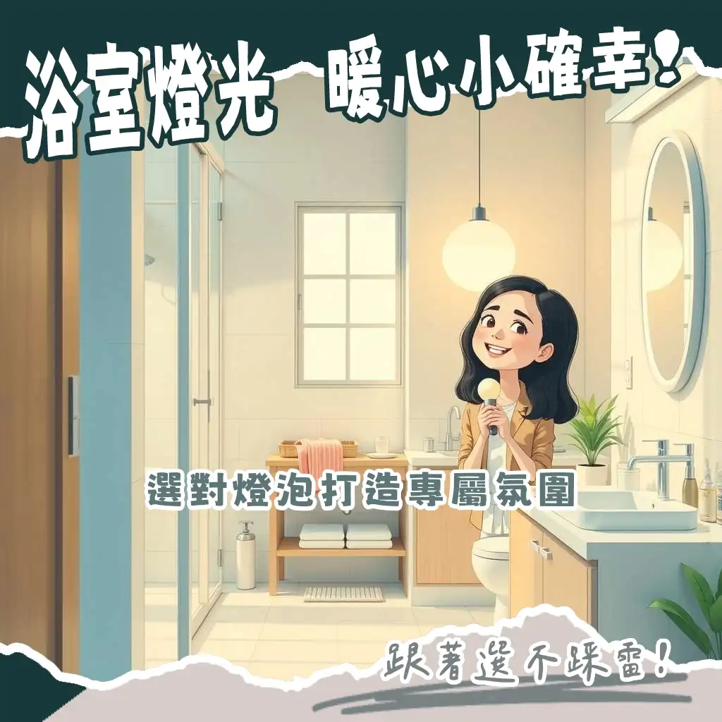 一位溫柔的女性正在浴室中，手中拿著一顆浴室led燈泡，背景為明亮舒適的浴室照明。