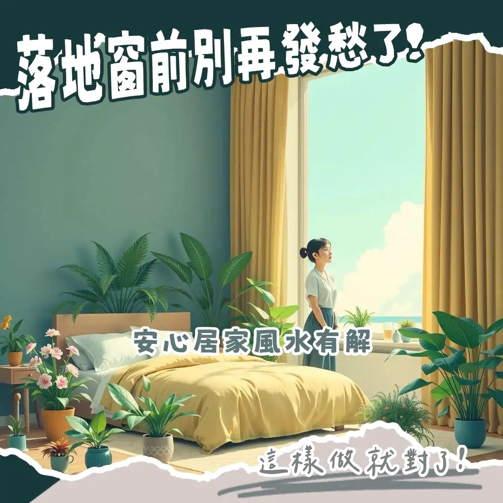 房間落地窗風水解析圖,含窗簾、屏風與床位示意圖,提供居家風水化解指南