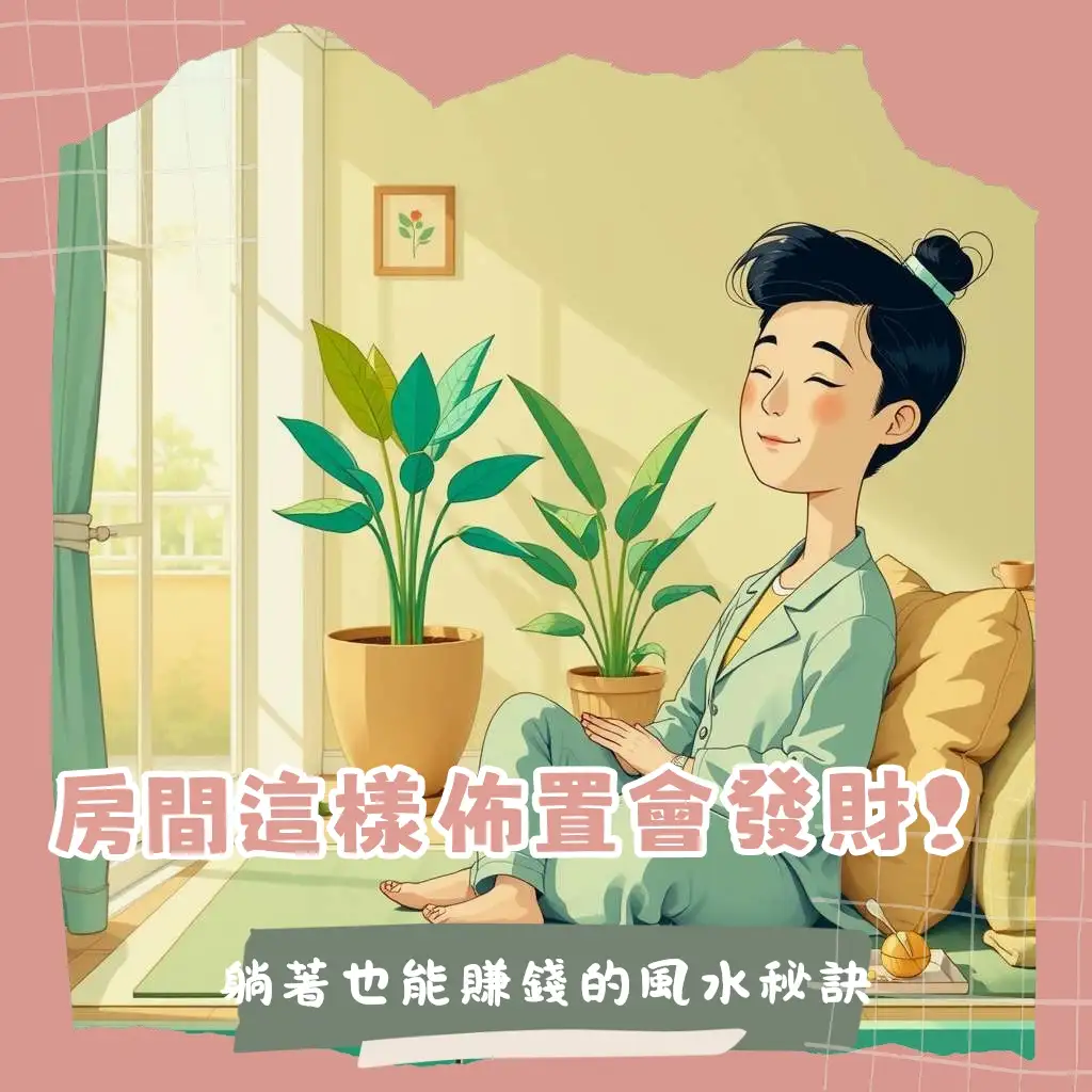 臥室風水房間財位佈置圖,示範如何找出明財位、擺放聚寶盆與發財樹,打造聚氣招財的舒適空間。