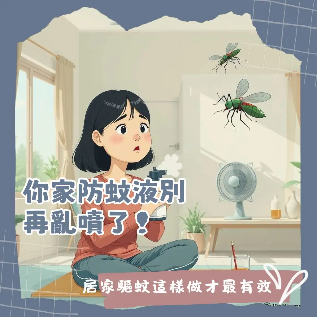 防蚊液噴室內使用情境示意，同時呈現捕蚊燈、電蚊拍等室內防蚊工具